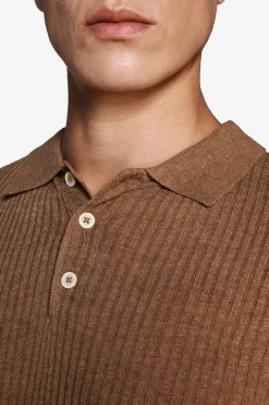 Tobacco linen blend knit polo shirt