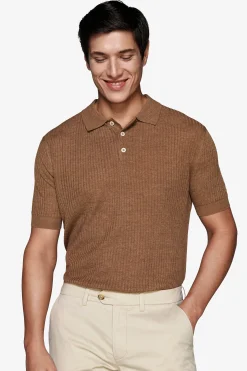Tobacco linen blend knit polo shirt