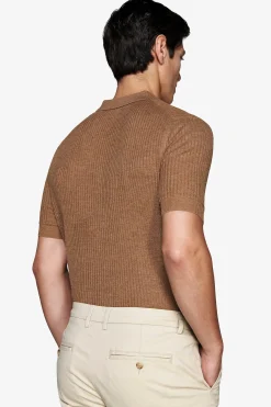 Tobacco linen blend knit polo shirt