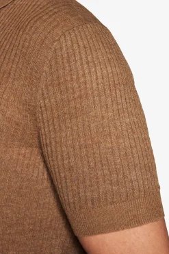 Tobacco linen blend knit polo shirt
