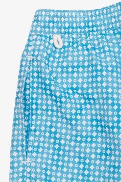 Turquoise geometric print swim trunks