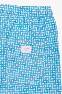 Turquoise geometric print swim trunks