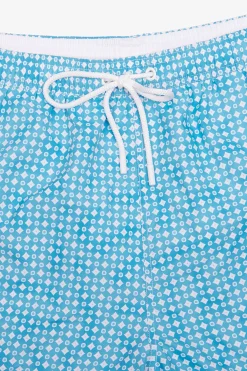 Turquoise geometric print swim trunks
