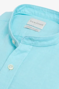 Turquoise linen blend mandarin collar shirt