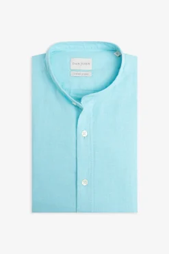 Turquoise linen blend mandarin collar shirt