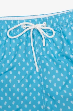 Turquoise penguin print swim trunks