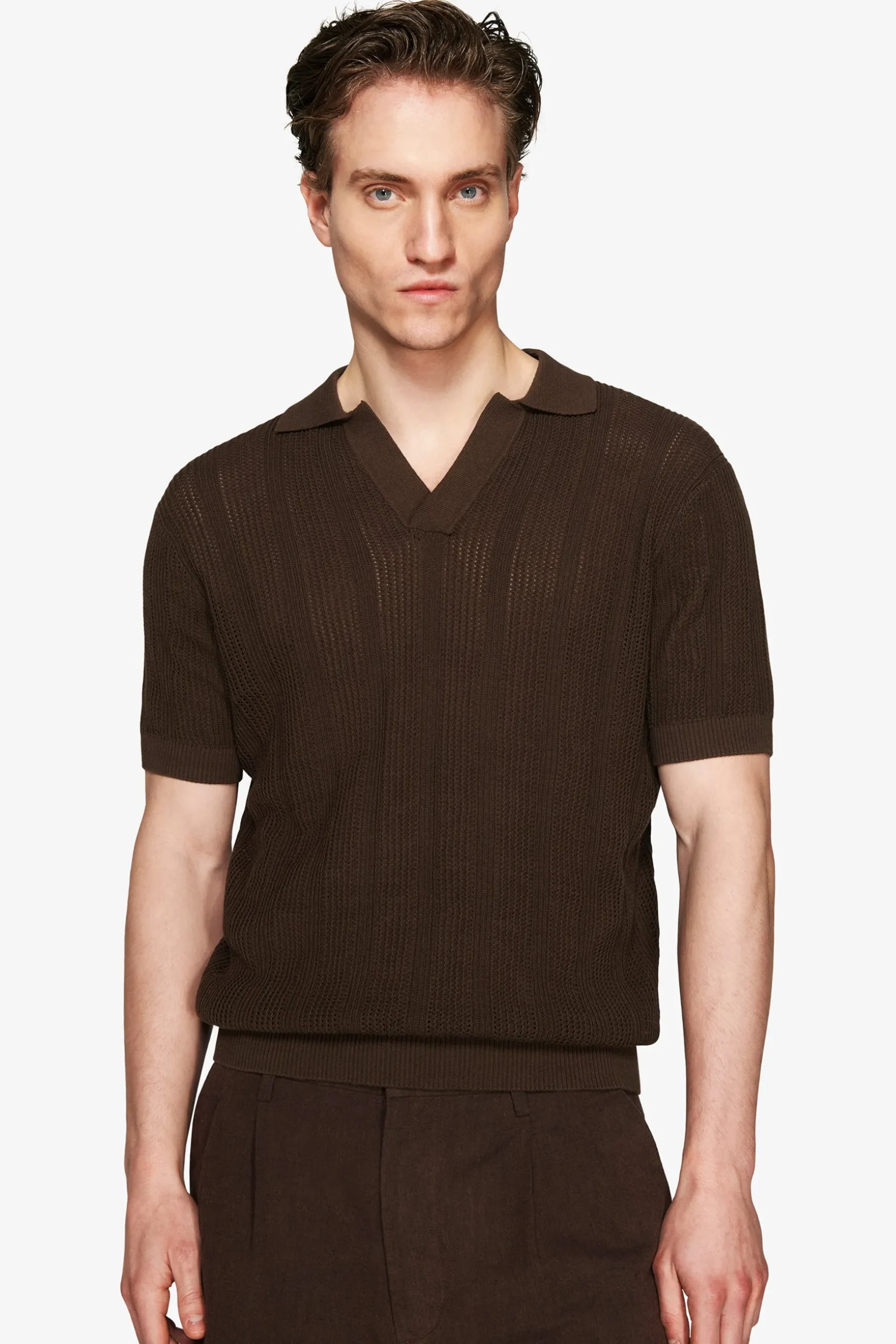 VOLUME Dark brown woven knit polo shirt