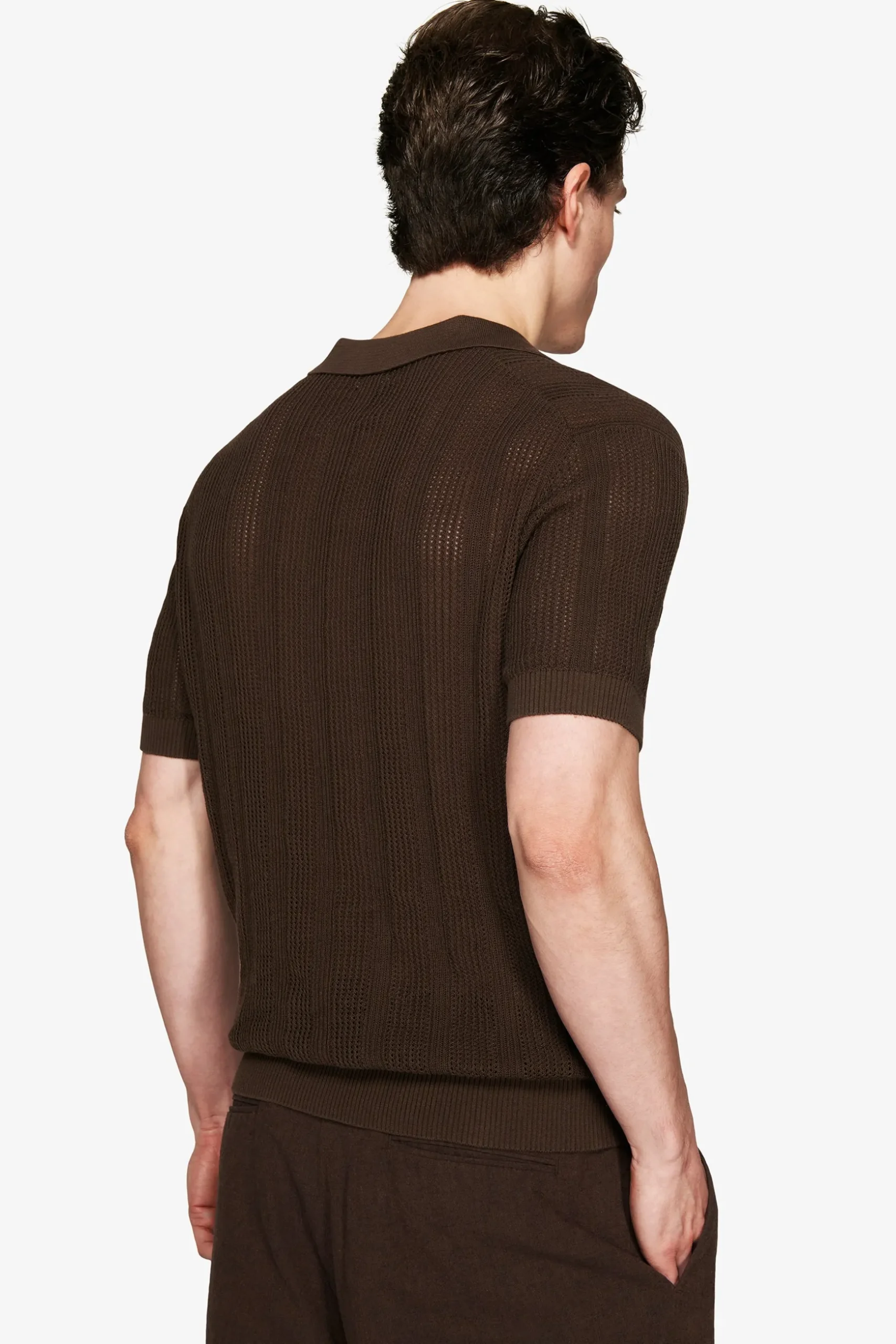 VOLUME Dark brown woven knit polo shirt