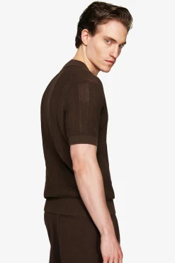 VOLUME Dark brown woven knit polo shirt