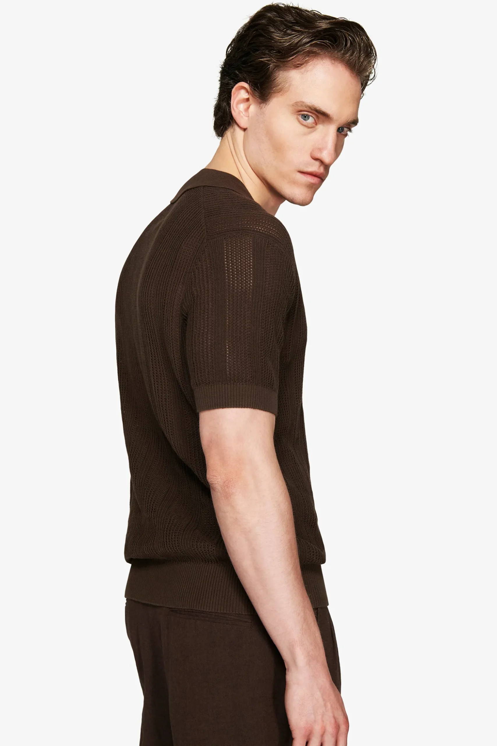 VOLUME Dark brown woven knit polo shirt