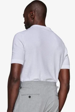 White dice-stitch knit polo shirt