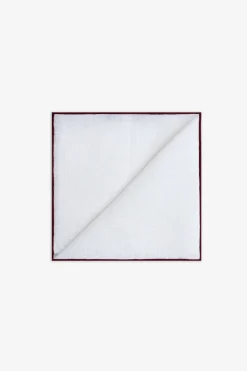 White pocket square with contrasting burgundy border