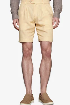 Yellow linen blend Bermuda shorts with pleats