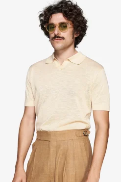 Yellow linen blend knit polo shirt