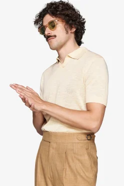 Yellow linen blend knit polo shirt