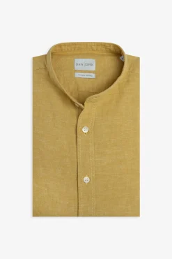 Yellow linen blend mandarin collar shirt